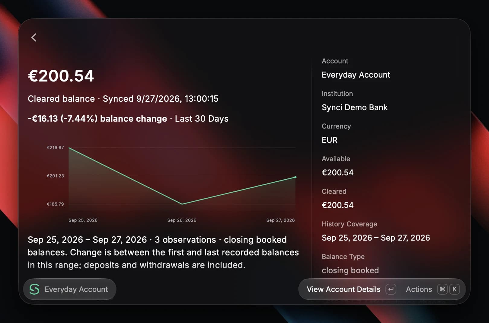 An account overview in Raycast, with a 30-day balance chart and the account's details in a sidebar