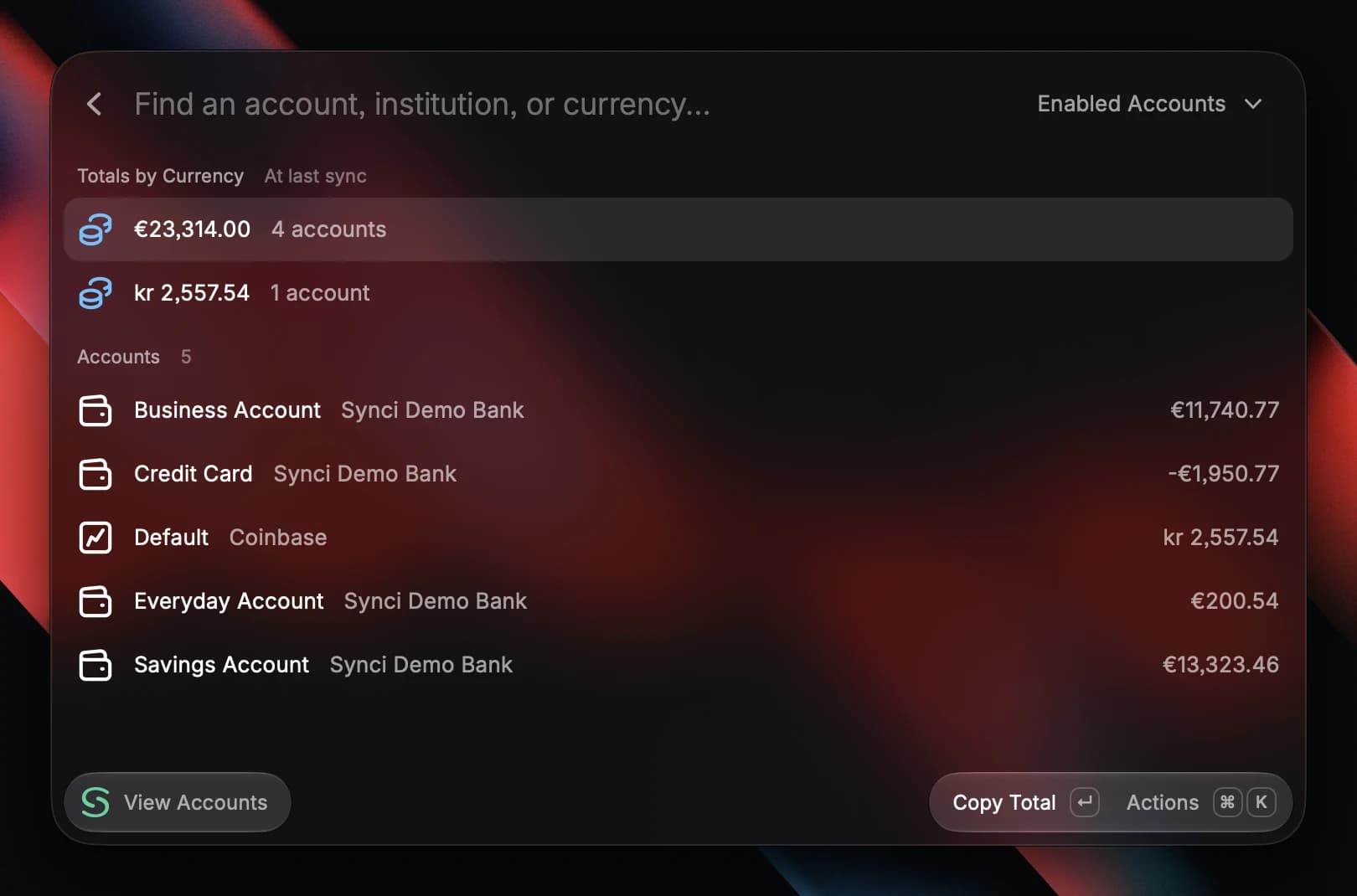 The View Accounts command in Raycast, showing totals by currency above a list of five accounts