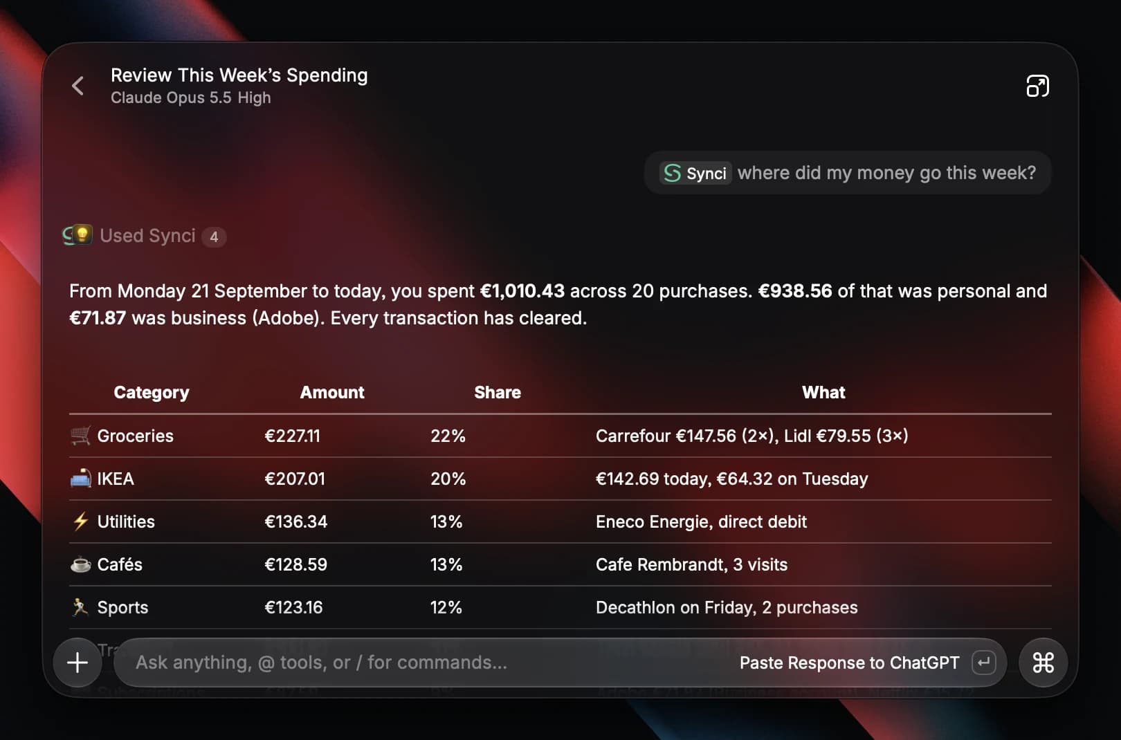 Raycast AI Chat answering where the week's money went, with a table of spending by category built from Synci data