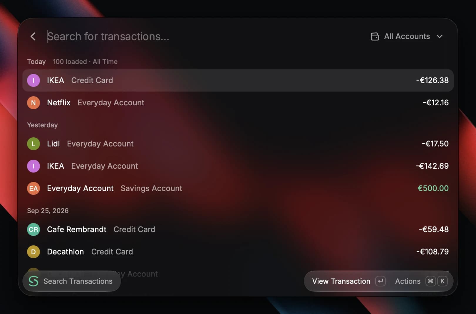 The Search Transactions command in Raycast, listing card and account payments grouped by date