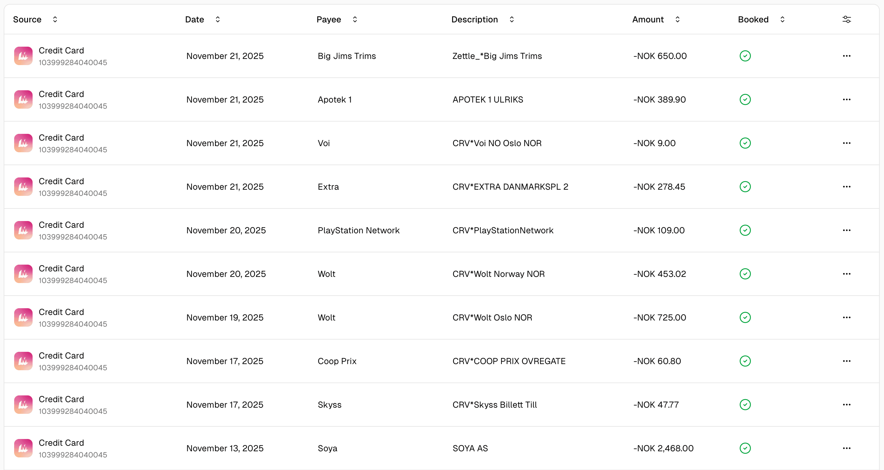 Transactions view